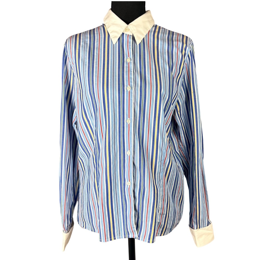 Casual Corner Annex Striped Button Down Shirt Petite M Blue Cotton White Collar